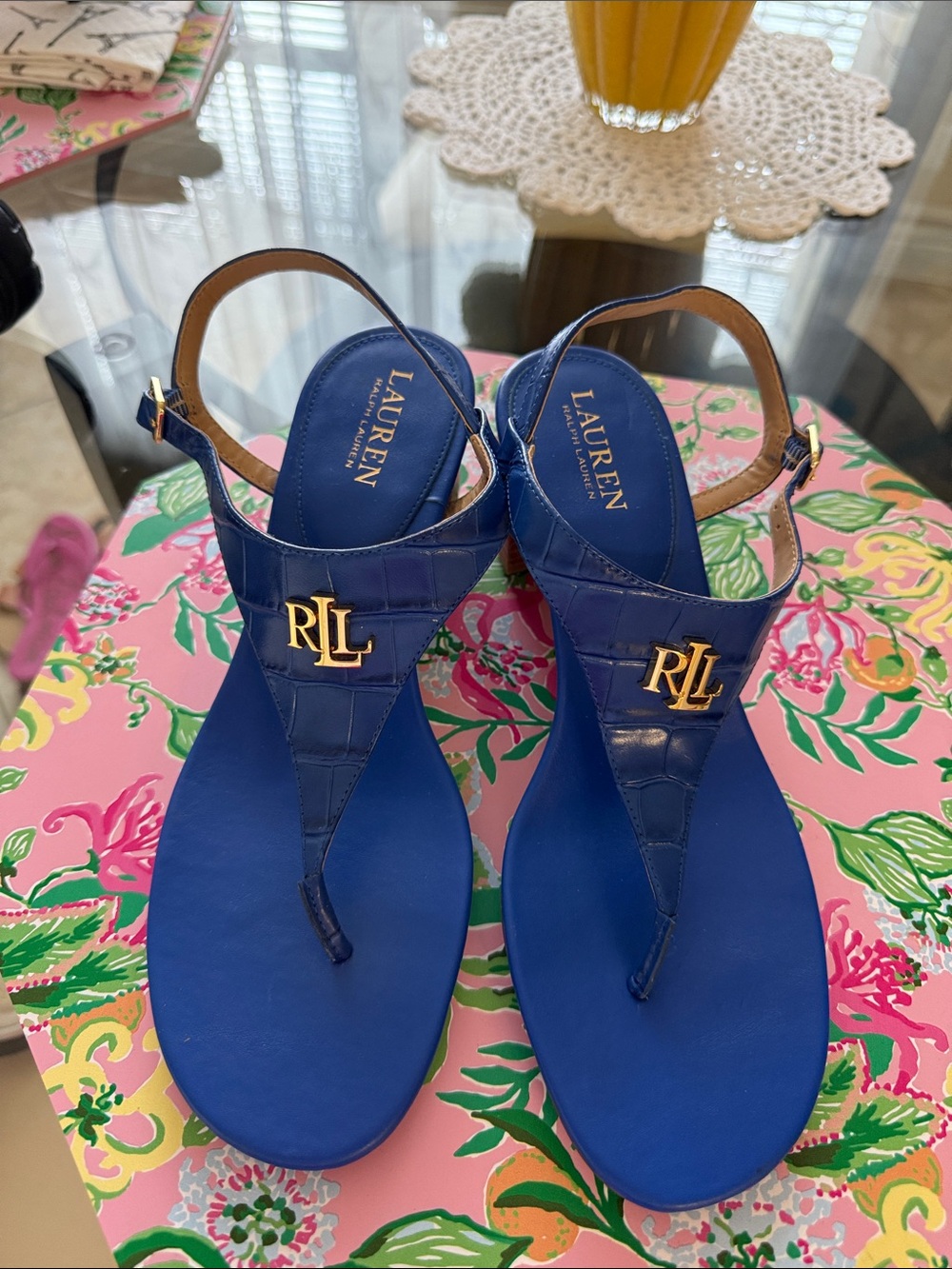 Lauren Ralph Lauren Royal Blue Logo Thong Sandals with Gold Hardware